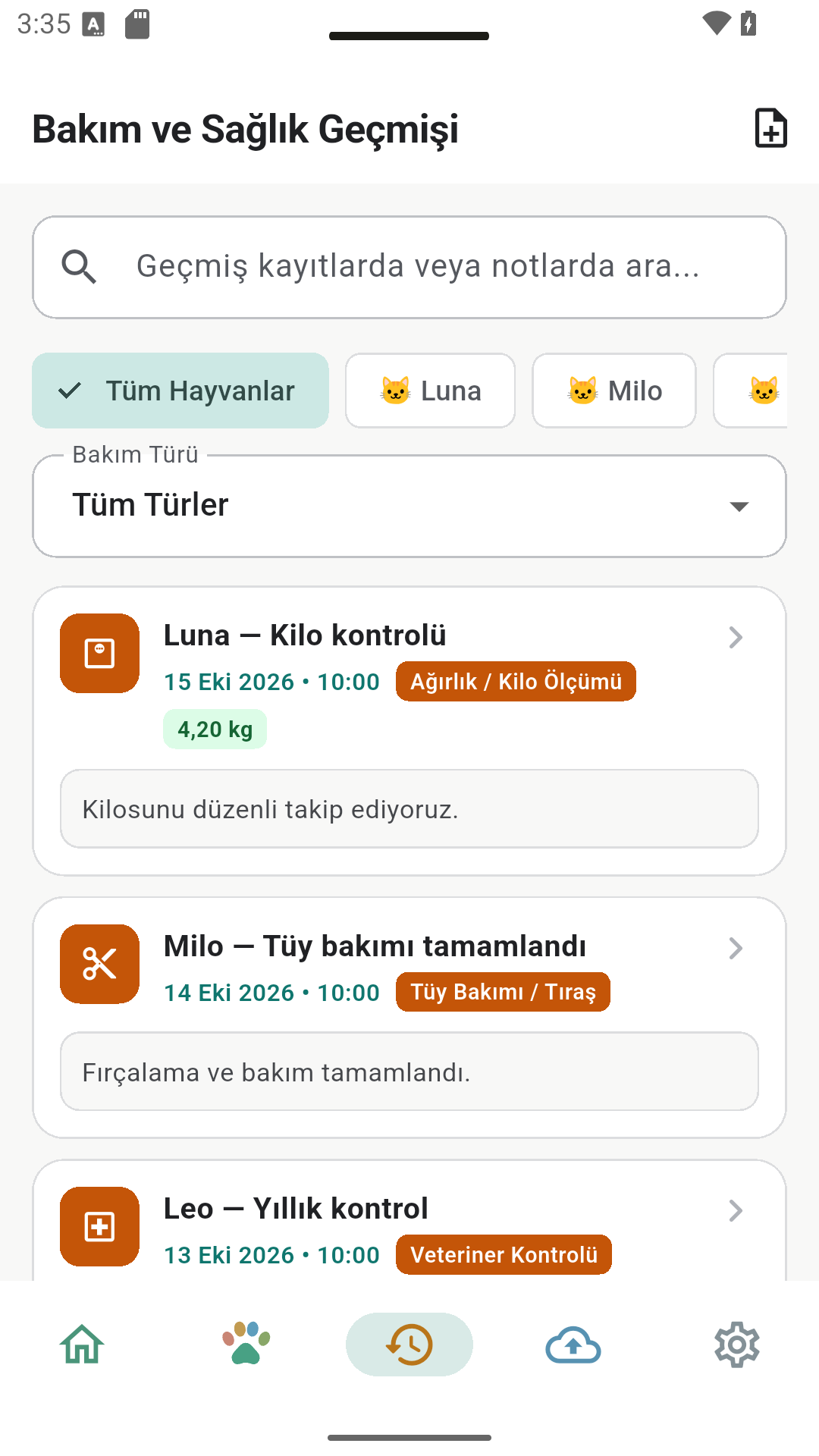 Tamamlanan bakımları gösteren bakım geçmişi